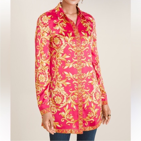 Chico's Women's Boho Ornate Scroll-Print Long Sleeve Tunic Sz Small Pink Gold - Picture 3 of 14